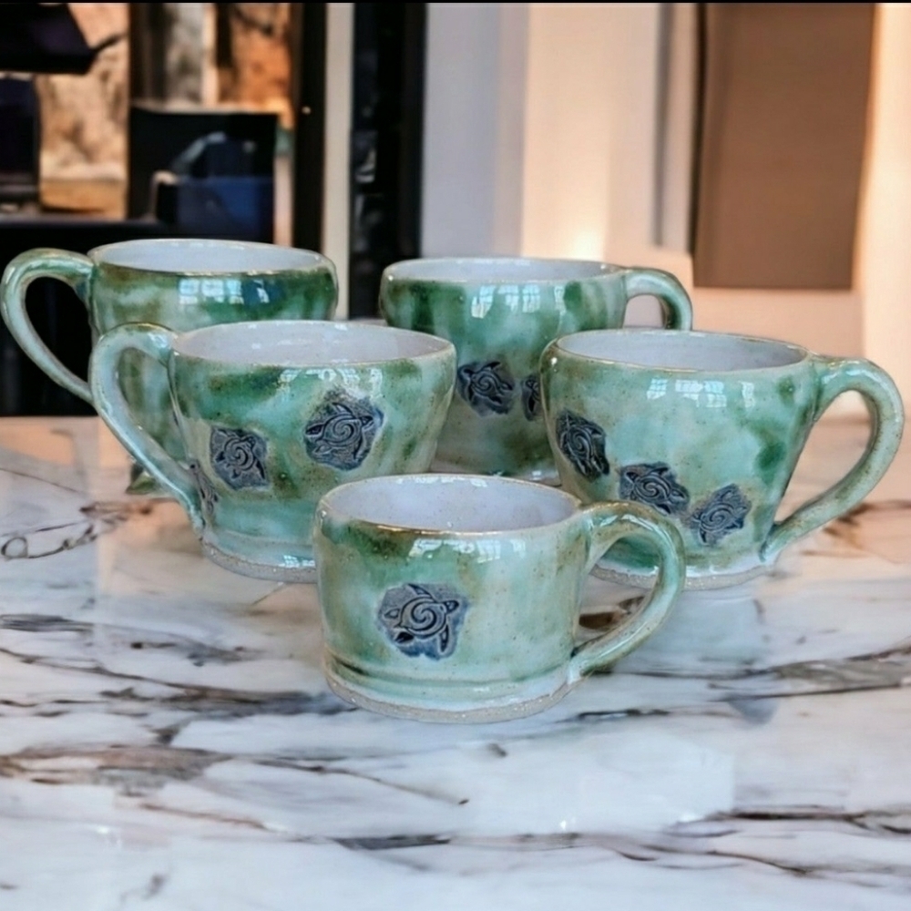 Studio Art Pottery Handmade Mug Set - Green Turtles - 5 Pieces